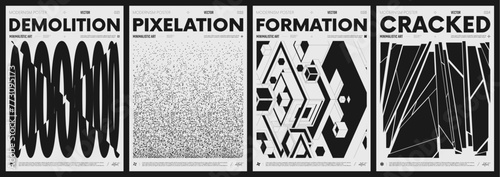Modern abstract poster collection, vector minimalist posters with geometric shapes in black and white, brutalist style inspired graphics, bold aesthetic, shape distortion effect set 6
