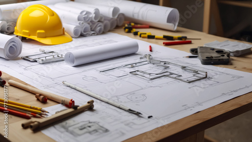 Drawings and house plan on the table. Construction drawings