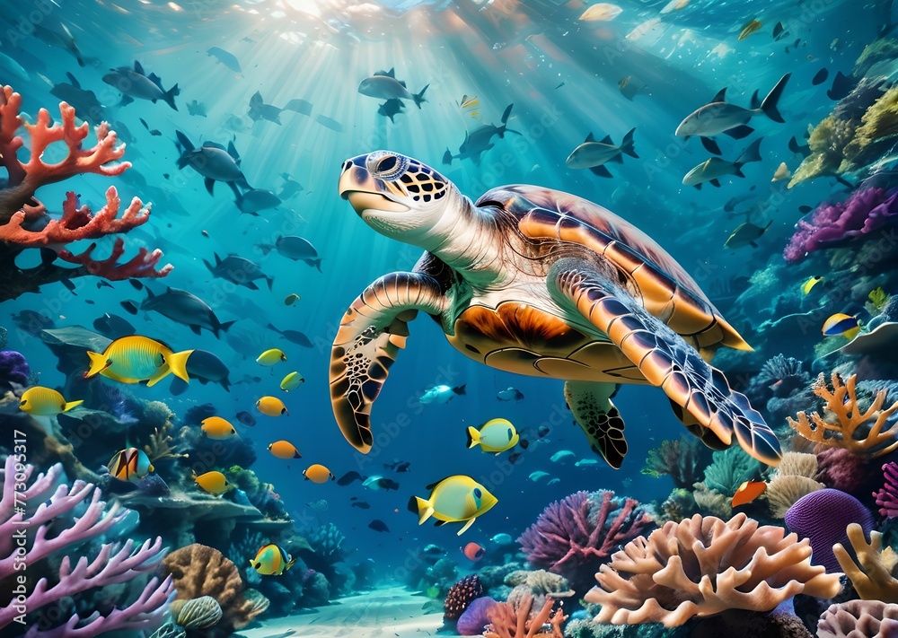 wallpaper, representing a sea turtle, evolving in the depths of the ocean, alongside coral reefs and multicolored fish.
Co wallpaper, representing a sea turtle, evolving in the depths of the ocean, alongside coral reefs and multicolored fish.
Co