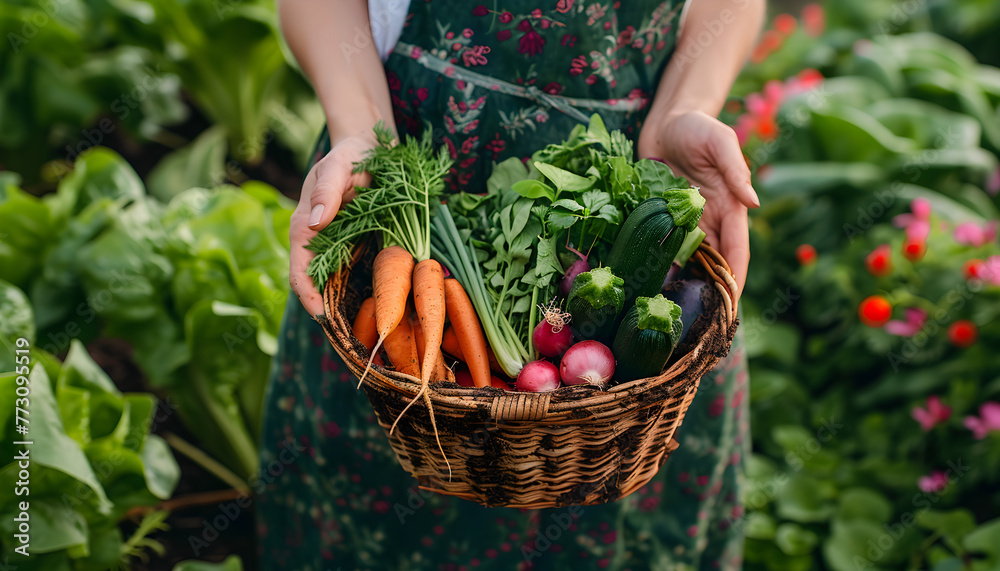 Fototapeta premium A farmer holds a basket of his fresh harvest in his hands