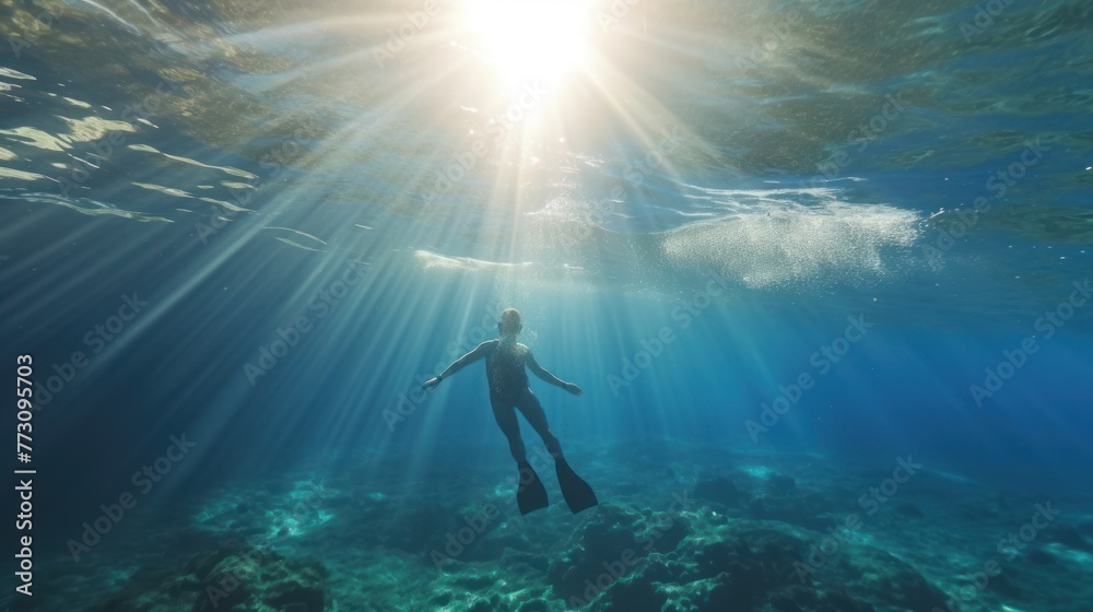 Freediver Swimming in Deep Sea With Sunrays. Young Man Diver Eploring Sea Life. AI-generated