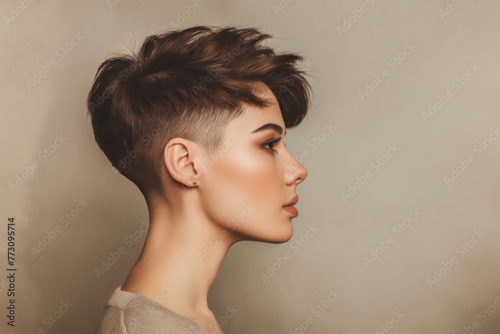 Side profile of a stylish woman showcasing a modern pixie haircut against a neutral background