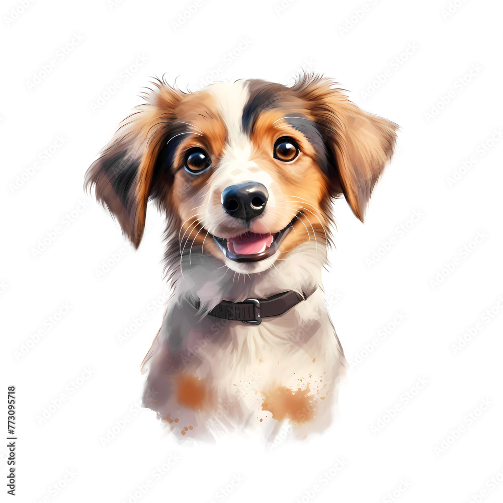 Fototapeta premium Cheerful brown and white dog with a collar, looking up with a joyful expression