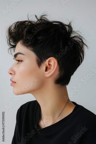 Profile of a woman sporting a stylish textured pixie cut on a neutral background