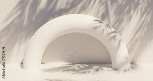 Abstract empty stage with a round arch and shadows in the shape of palm leaves, sepia style with torus or arch, 3d rendering