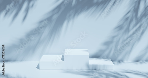 Abstract empty stage with a square podium and pedestal and shadows in the shape of palm leaves, blue style, 3d rendering