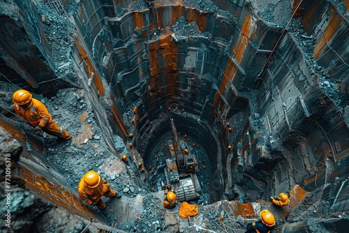 Construction workers in a deep excavation site