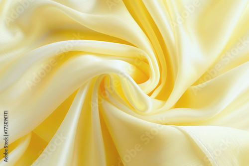 In the center of the image  a smooth flowing fabric design complements the soft yellow background  creating a serene atmosphere