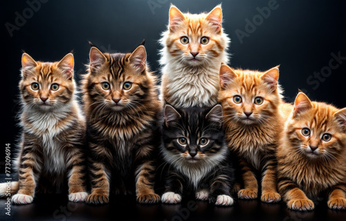 Portrait of a group of cats on a dark background created with Generative AI technology