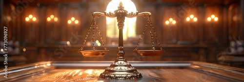 Hyper-realistic image of judge gavel and scale,
Judge gavel and scales of justice in the court hall
 photo