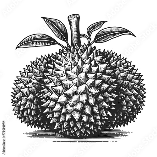 durian fruit open to reveal its fleshy lobes, showcasing this exotic and distinctive tropical fruit sketch engraving generative ai raster illustration. Scratch board imitation. Black and white image.