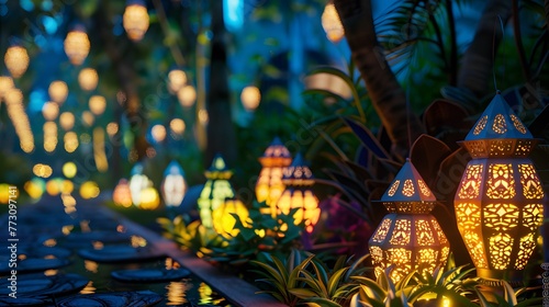 Lantern lights featuring various shapes and diverse patterns ai image