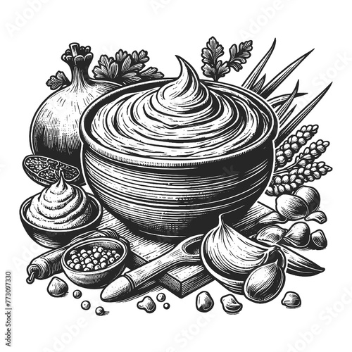 rustic bowl of hummus surrounded by fresh ingredients like garlic, chickpeas, and herbs sketch engraving generative ai raster illustration. Scratch board imitation. Black and white image.