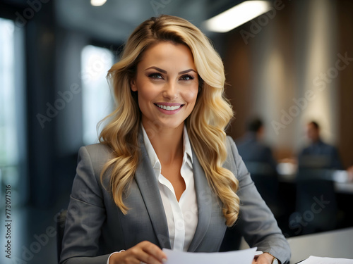 An approachable businesswoman seated with paperwork, engaging with a bright smile photo