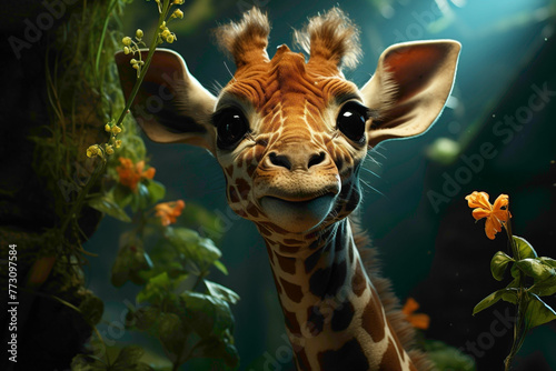 A curious baby giraffe with a bow around its neck  reaching for leaves on a green background.