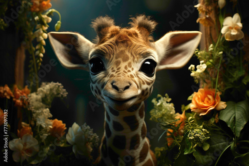 A curious baby giraffe with a bow around its neck  reaching for leaves on a green background.