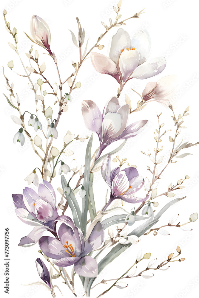 Fototapeta premium Watercolor crocuses on white spring background