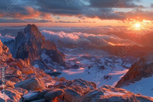 The last rays of sun ignite the snowy alpine landscape with a fiery glow, AI generated.