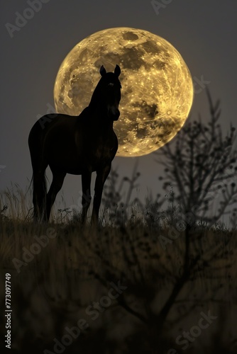 Horse silhouette against full moon in night sky