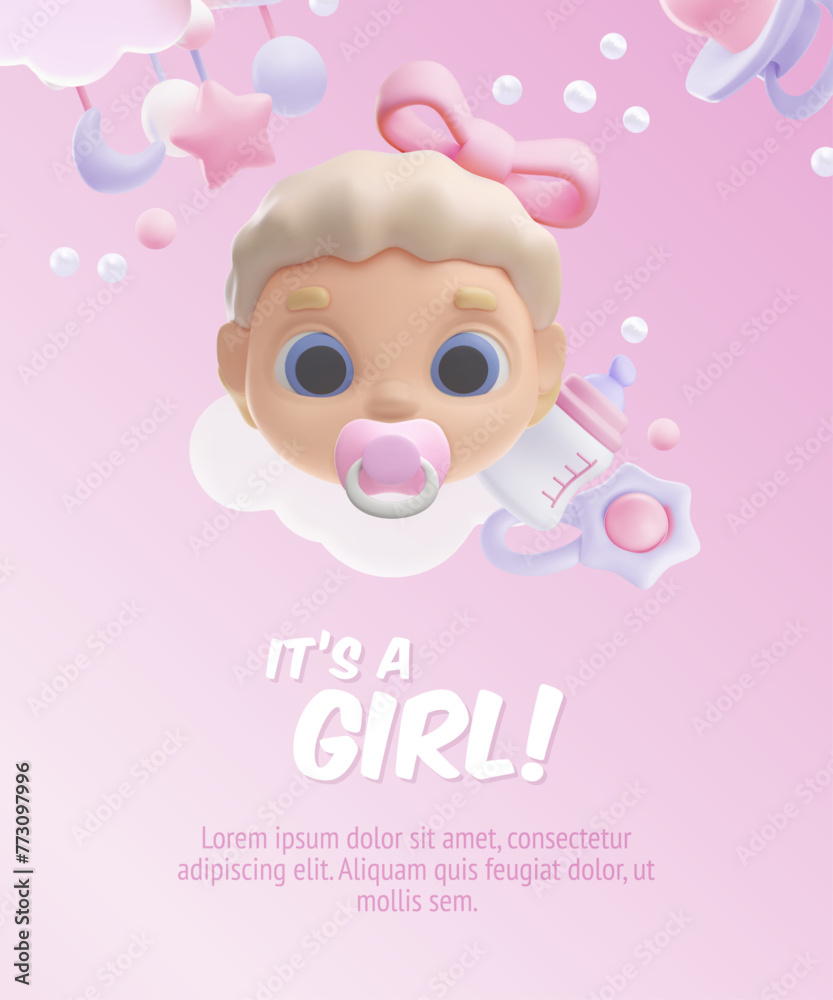Fototapeta premium Baby shower. 3d vector illustration of a poster with space for text.