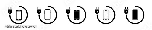 Set of charge battery phone vector icons. Charger station smartphone. Recharge mobile phone. Vector 10 Eps.