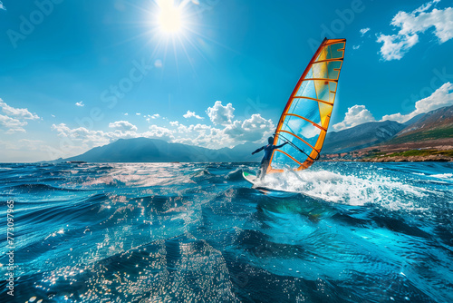 A windsurfer carves through sparkling blue waves, with a clear sunlit sky above, in this thrilling windsurfing scene. AI Generated.