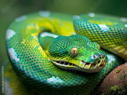 The mesmerizing gaze of a green tree python, its scales a tapestry of vibrant greens and yellows, captured in stunning detail that highlights the beauty of these arboreal reptiles.