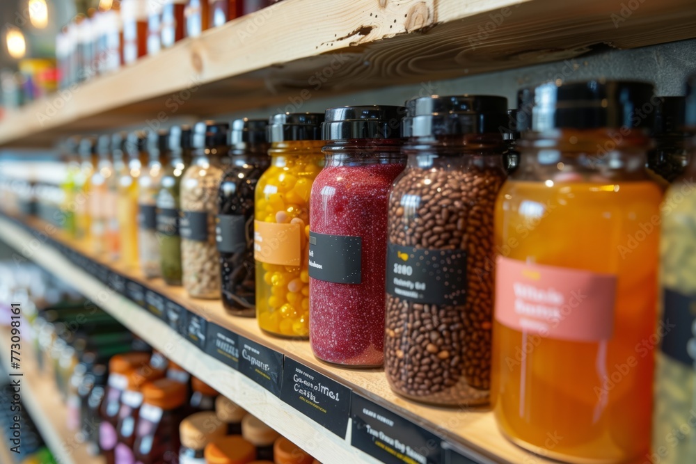Nutritional supplement jars with colorful contents on wooden shelves, showcasing health products. AI Generated. Nutritional supplement jars with colorful contents on wooden shelves, showcasing health products. AI Generated.