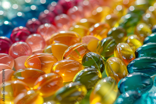 Colorful softgel vitamin capsules in bright light, highlighting health supplement options. AI Generated.