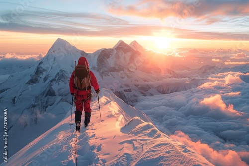 A climber in red treks up a narrow snowy ridge with a vivid sunrise illuminating the snow-capped mountains. AI Generated