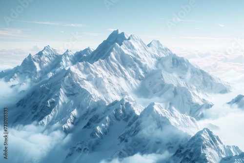 AI created image of towering snow-covered mountains rising above a dense cloud cover under a clear blue sky. AI Generated