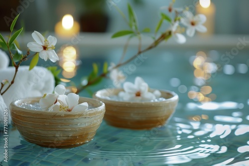Delicate flowers float in spa water, accompanied by candles and soft towels, creating a sanctuary. AI Generated.