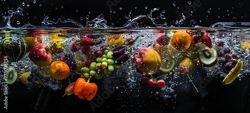 Many fruits and vegetables fall into the water on a black background. generative ai