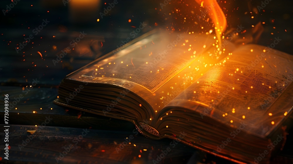 A tome of boundless ancient wisdom bursts into mystical flames A tome of boundless ancient wisdom bursts into mystical flames