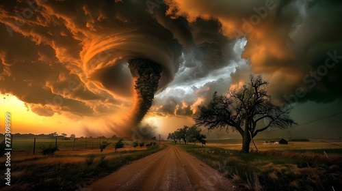 a majestic tornado spiraling across the prairie at sunset