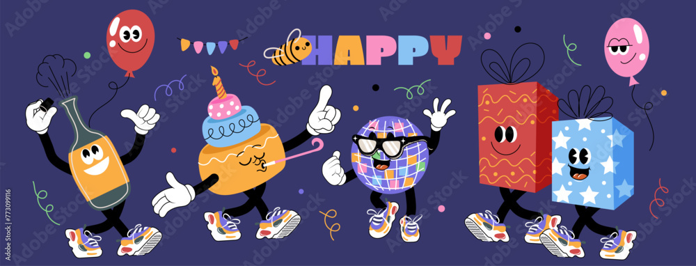 Set of birthday party funny and cute characters design. Birthday cake, disco ball, presents, bottle. Stickers and patches vector illustration.