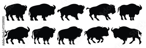 Bison buffalo silhouettes set, large pack of vector silhouette design, isolated white background