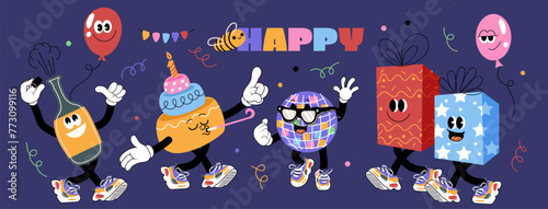Set of birthday party funny and cute characters design. Birthday cake, disco ball, presents, bottle. Stickers and patches vector illustration.