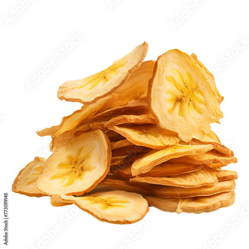 A Banana Chips Crispy chewy banana slices, Isolated on transparent PNG background, Generative ai photo