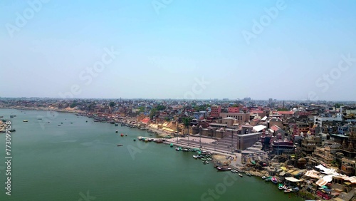 Aerial view of Varanasi ganga ghat and temple 