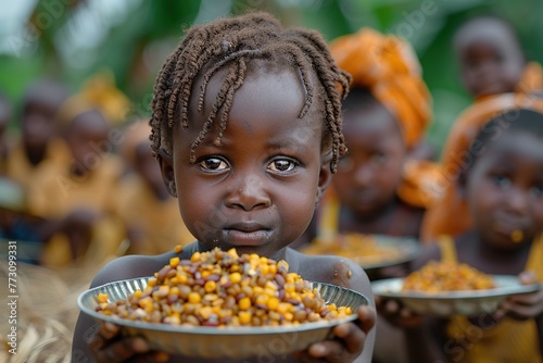 Group of african children eating meager food with their hands from a metal plate