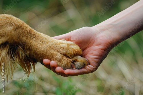 Dog pressing his paw against a woman hand
