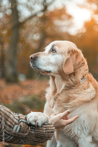 Dog pressing his paw against a woman hand 