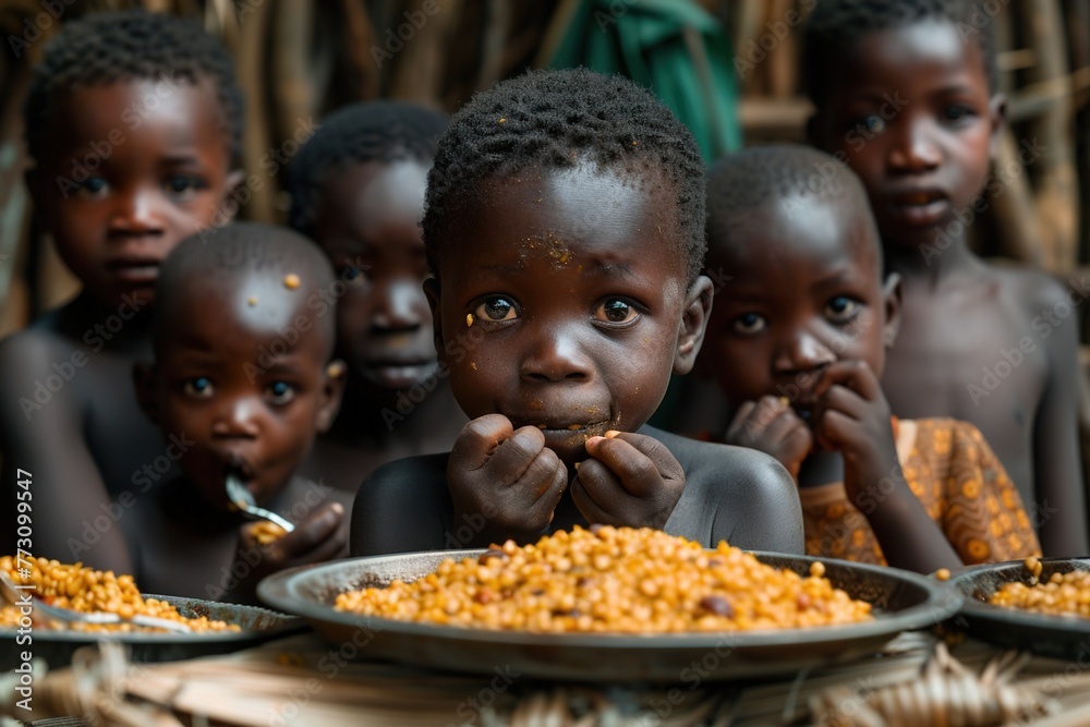 Group of african children eating meager food with their hands from a metal plate Group of african children eating meager food with their hands from a metal plate