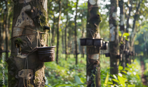 collecting rubber sap on a plantation close-up photo