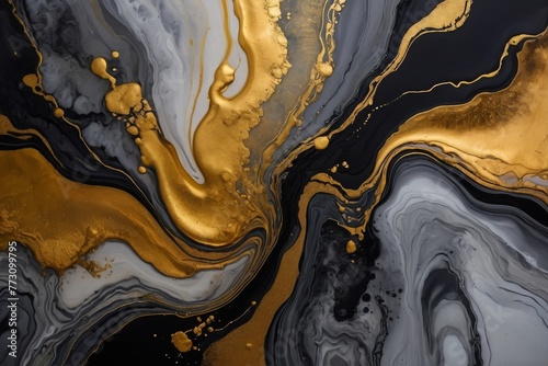 Abstract fluid art painting in alcohol ink technique, mixture of black, white and gold paints photo