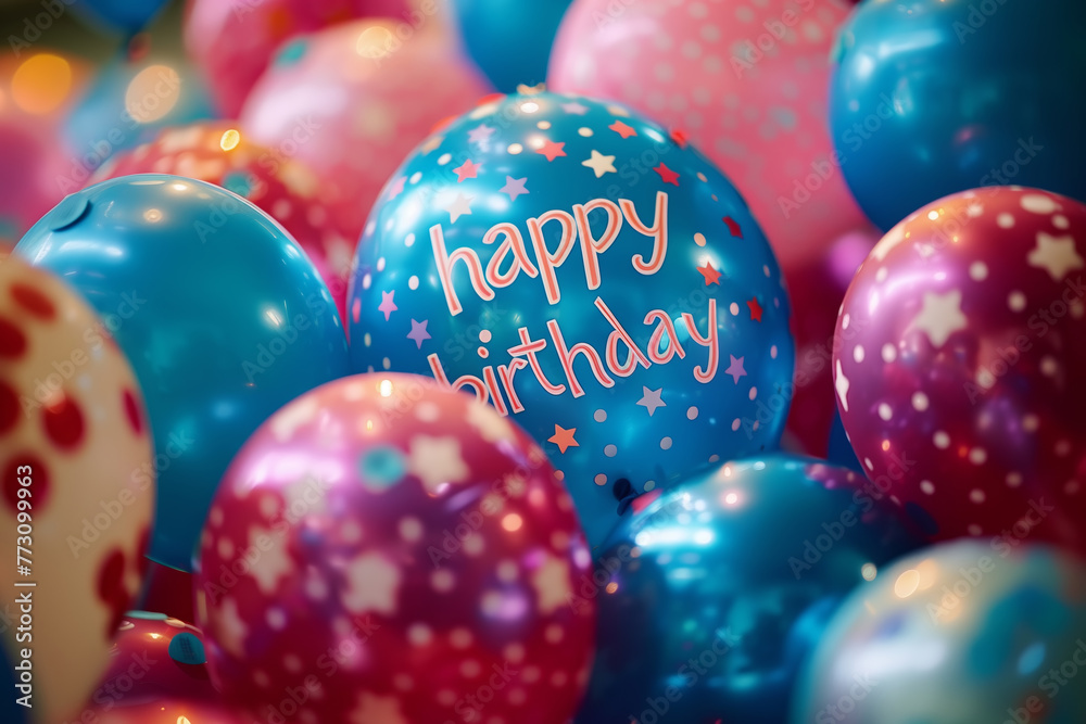 A colorful happy birthday sign is surrounded by a multitude of balloons and streamers, creating a festive and celebratory atmosphere A colorful happy birthday sign is surrounded by a multitude of balloons and streamers, creating a festive and celebratory atmosphere