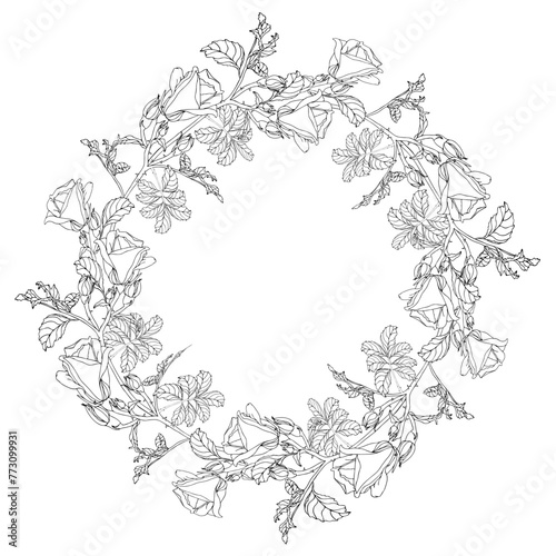 Wild roses flower with leaves circle wreath. Black ink line art hand drawn illustration for card, logo or wedding invitations, coloring book. Elegance vector, isolated on white background