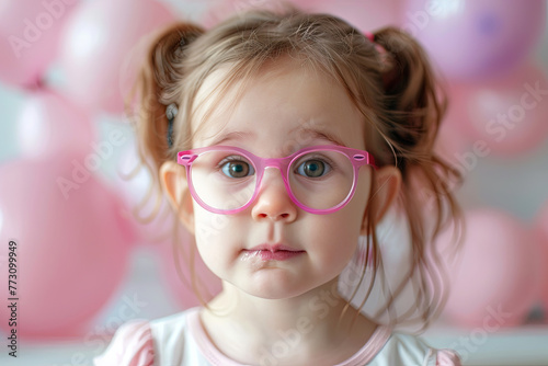 Portrait of a cute little Caucasian girl child staring through her fancy spectacles dressed up in pink for a party photo