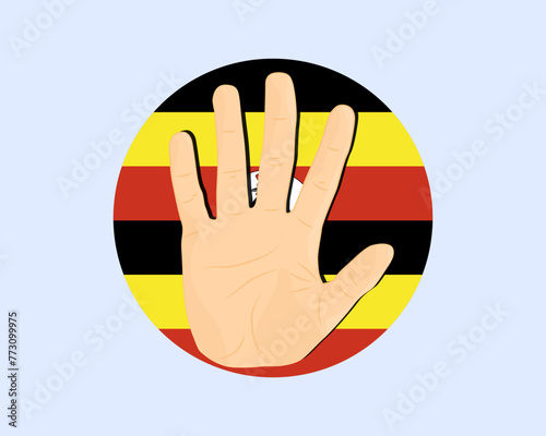 Uganda flag with hand stop sign, protest and human rights idea